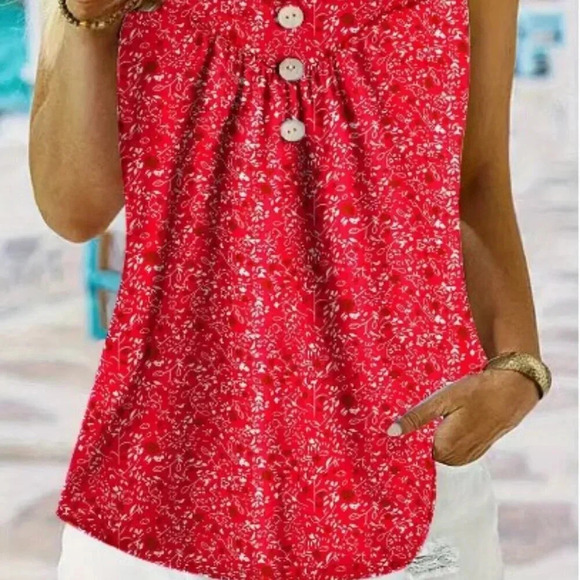 Ditsy Floral Print Red Tank Top Size 3XL (18W) Tunic Length Round Neck Stretch - Picture 4 of 6